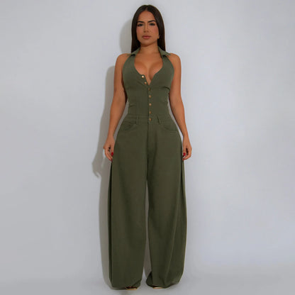 Fashionable Backless Casual Romper with Pockets for Women Summer Breathable Lightweight Solid Color One-Piece Suit.