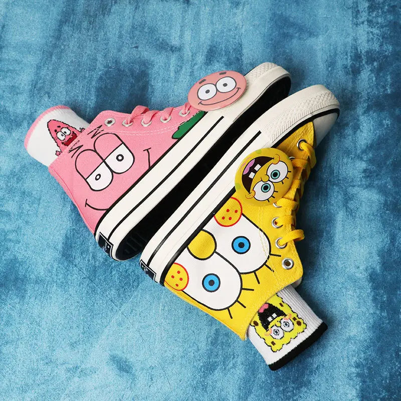 Summer new student Spongebob Squarepants High top canvas shoes cute girl cartoon street sneakers.