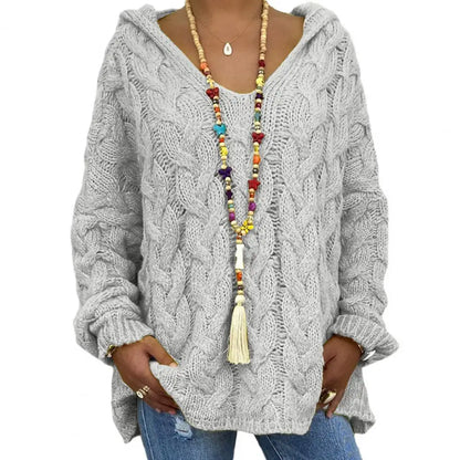 Mit kapuze V-ausschnitt Mit Langen Ärmeln Twist Gestrickte Hoodie Herbst Winter Einfarbig Lose Pullover Jumper Weibliche Kleidung.