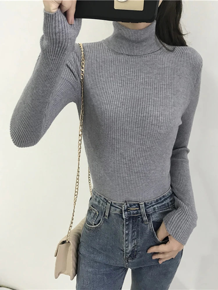 2025 herbst Winter Dicken Pullover Frauen Gestrickte Rippen Pullover Pullover Langarm Rollkragen Schlank Jumper Weiche Warme Pull Femme