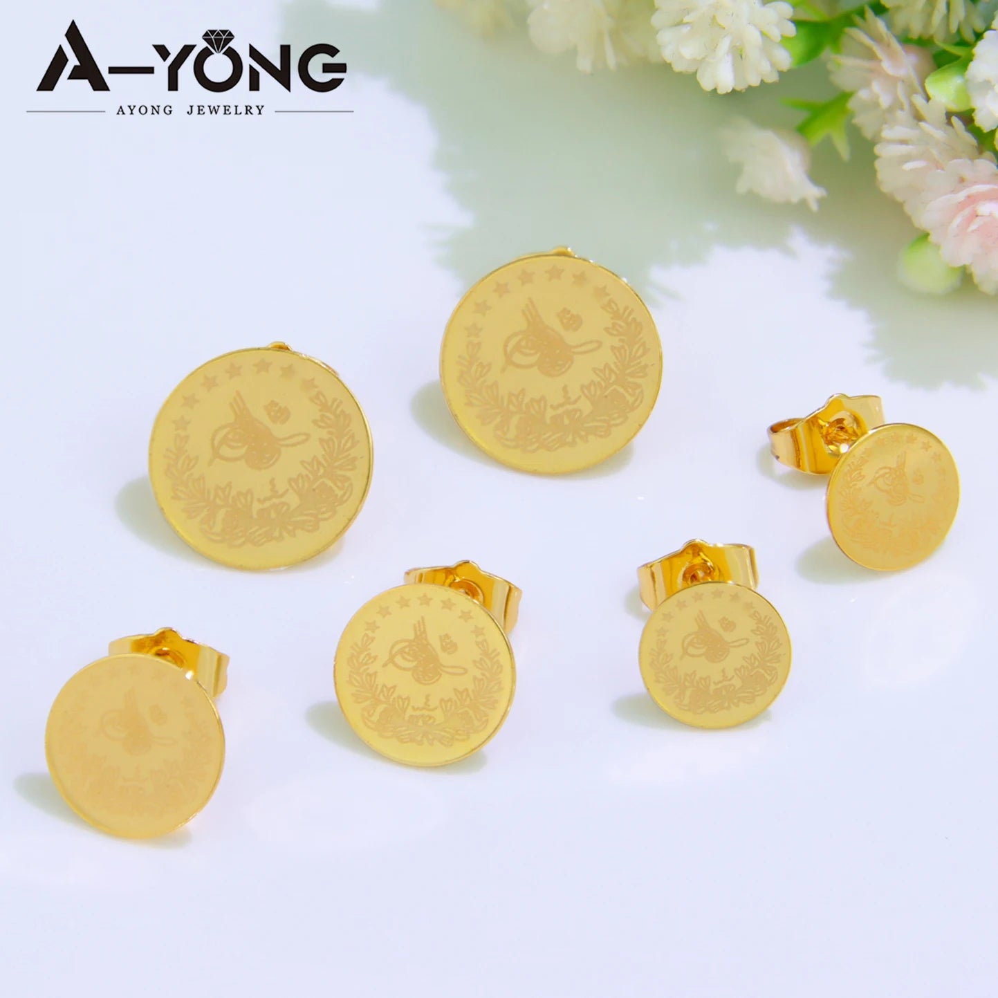 Simple Turkish Liberty Coin Stud Earrings 18k Gold Plated Round Ear Nail Dubai Arab Women Engagement Wedding Party Jewelry.