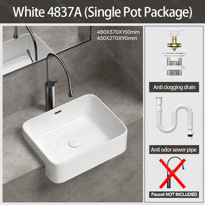 Porcelain Ceramic Vessel Sink with Drain Semi Recessed Vanity Art Sink Wash Basin Bowl for Modern Home Bathroom Decor Washbasin