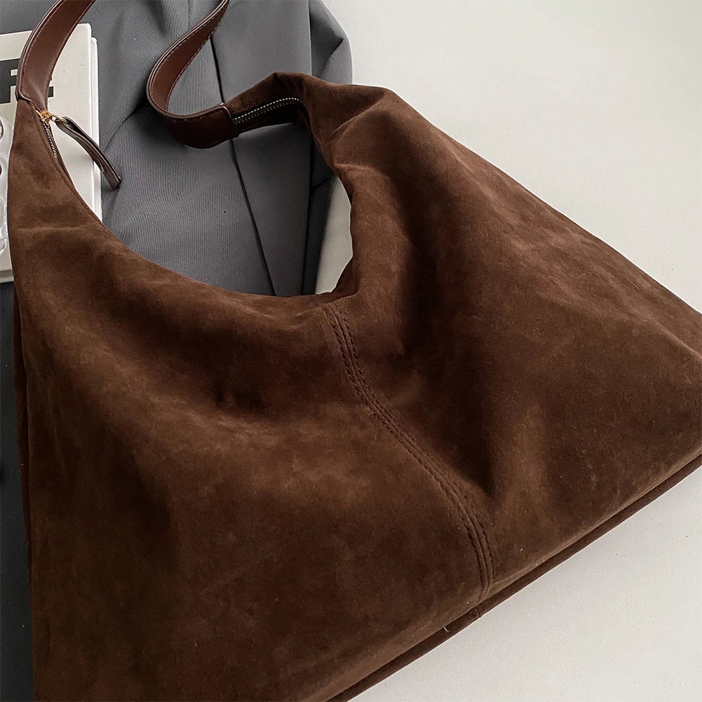 Women Suede Shoulder Bag with Zipper Hobo Bag Large Capacity Handbag Slouchy Bag Commuter Travel Bag.