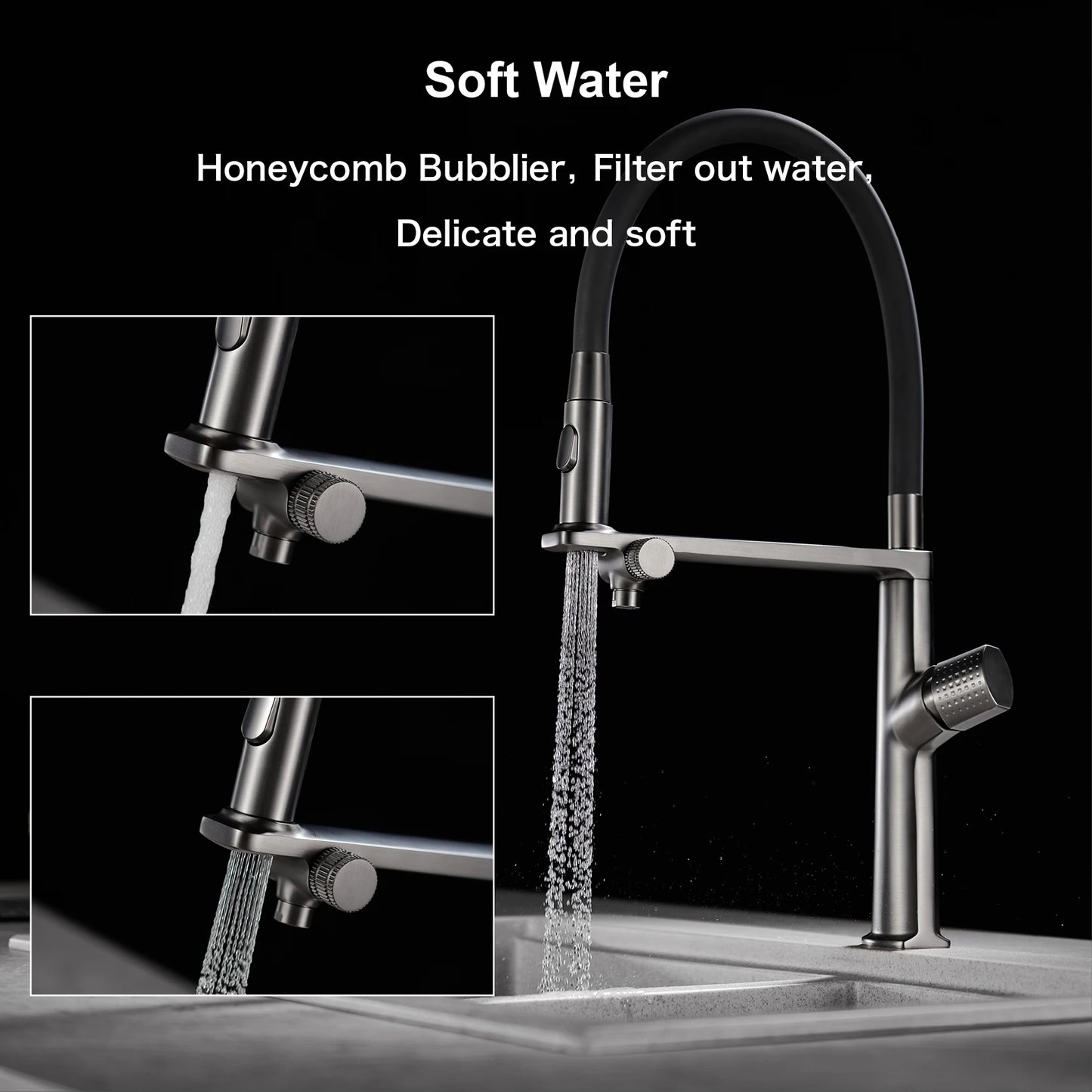 AITANA Luxury Brass Gun Grey Pull out 2-Function Kitchen Faucet Single Handle Cold and Hot Water Pure Water Design Sink Tap