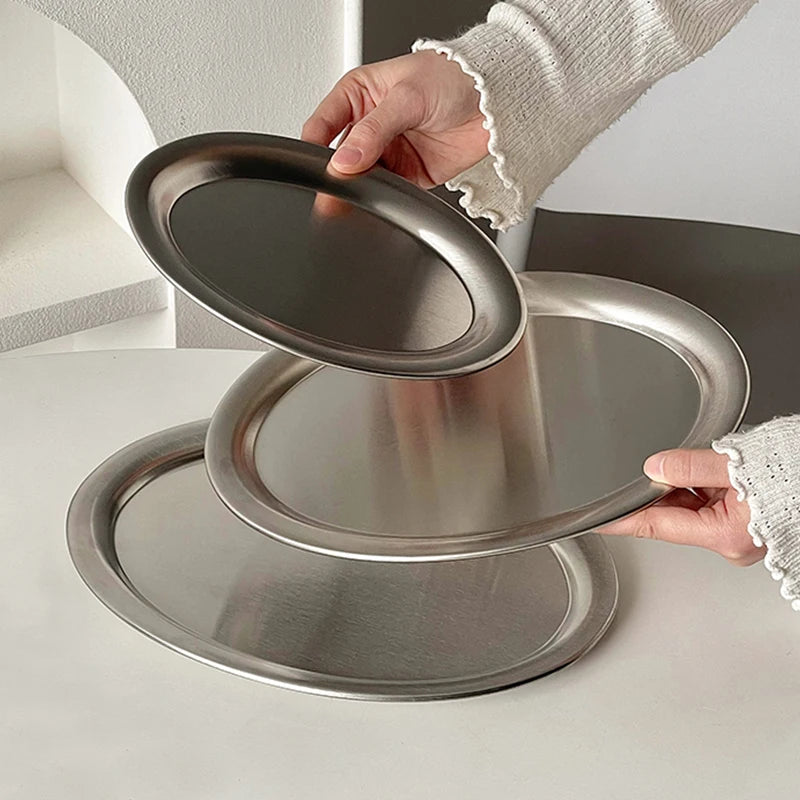 Multi-Size Stainless Steel Oval Dish Plates Household Food Dinner Steamed Shallow Plate Kitchen Tableware.