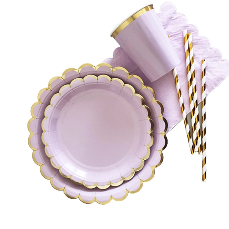Purple Gold Party Paper Cup Plate Straw For Birthday Carnival Kids Favors Wedding Decor Disposable Tableware Party Supplies.