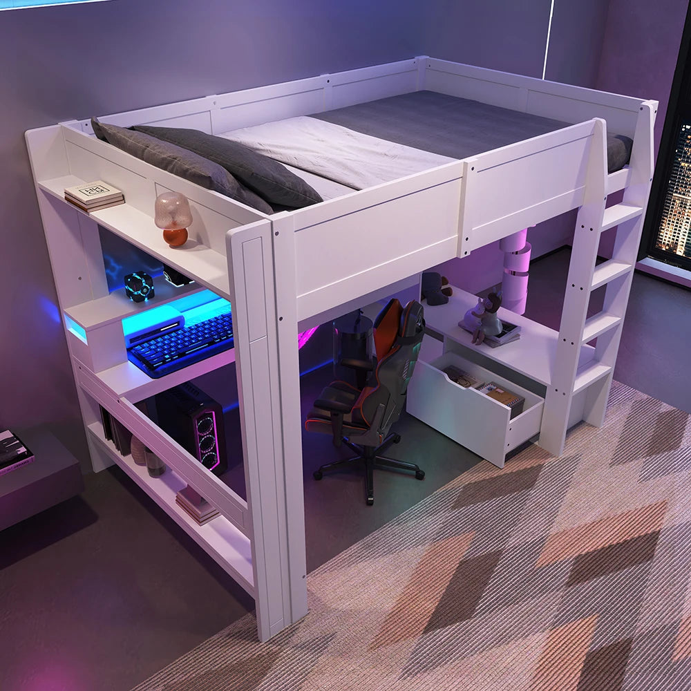 KOMHTOM Gaming Hochbett, Weiß, mit Schreibtisch, LED-Leuchten, Schublade und Regalen - Ohne Matratze