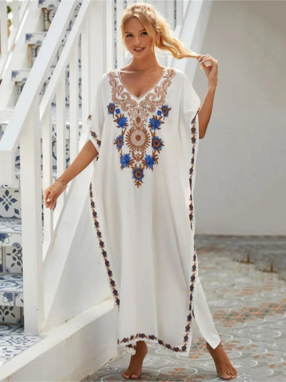 Women Embroidered Kaftan Dress Caftan Loungewear Long Bathing Suit Cover Up Beach Wear Vacation Outfit Loose Summer Women's Robe.