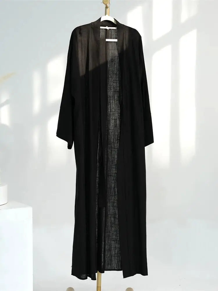 Eid Summer Cotton Linen Kimono Coat Dubai Open Abaya 2024 Muslim for Women Set Retro Kaftan Modest Dresses Islam Clothing Kebaya