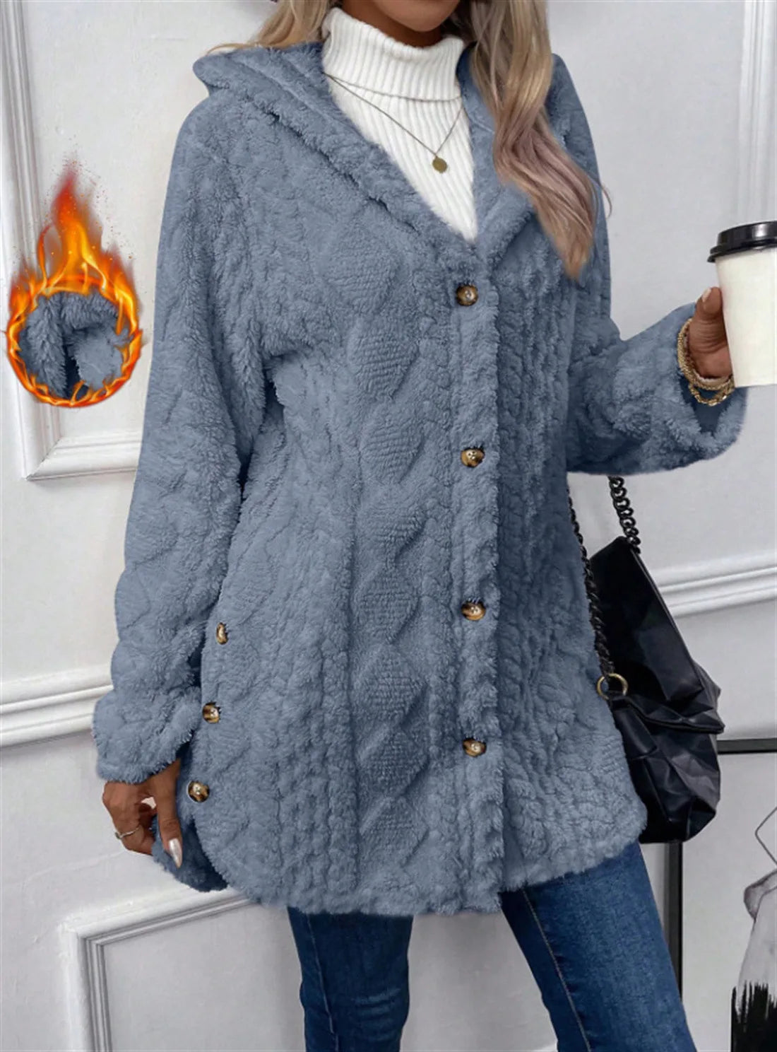 Women Cardigan Hoodie Jacket Autumn Winter Argyle Textured Pattern Hooded Irregular Hem Buttons Fleece Oversized Outerwear Coat