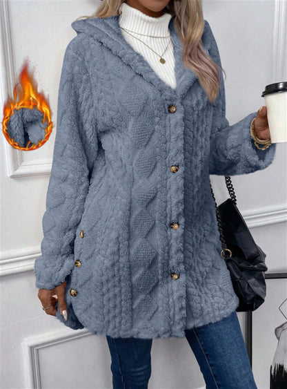 Women Cardigan Hoodie Jacket Autumn Winter Argyle Textured Pattern Hooded Irregular Hem Buttons Fleece Oversized Outerwear Coat