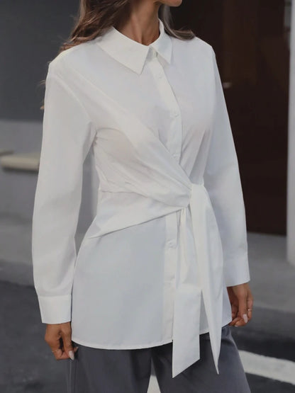 Women's Classic Collar Button-Up Long Sleeve Shirt with Waist-Cinching Belt Elegant Retro Style Adjustable Fit.