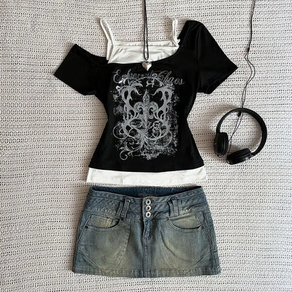 Women's 90s Vintage Punk T-Shirt Summer Streetwear Sexy Short Sleeve Gothic Slim Crop Top Hotgirl Casual Femme Tee Harajuku Y2k.