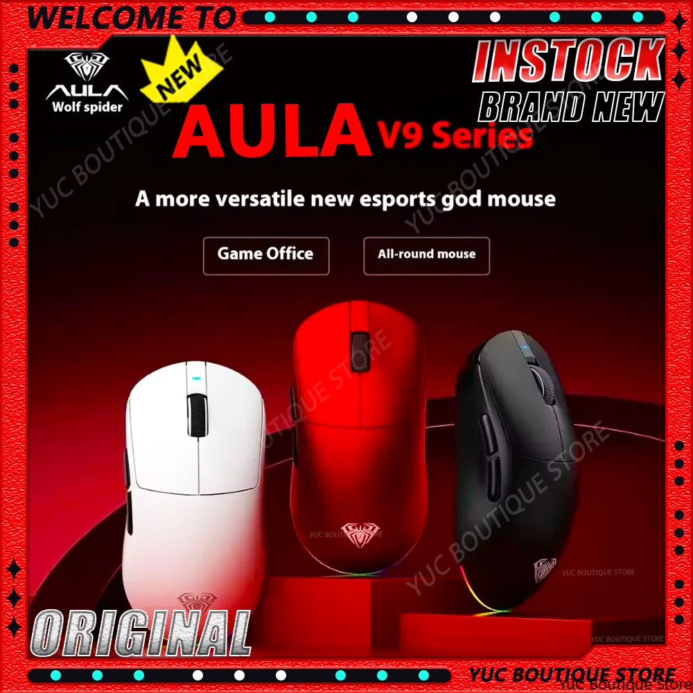 New Aula V9 Ultra Wireless E-sports Gaming Mouse Double 8k 3mode PAW 3950 8k 55g Lightweight Ergonomic Mouse Custom PC Accessory.