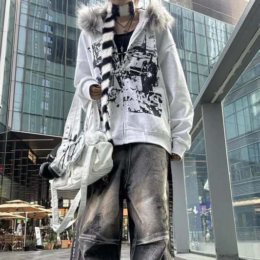 Korean Fashion Sweatshirts Harajuku Gothic Printed Coats Jackets Subculture Vintage Faux Fur Hooded Women Casual Y2k Clothing.