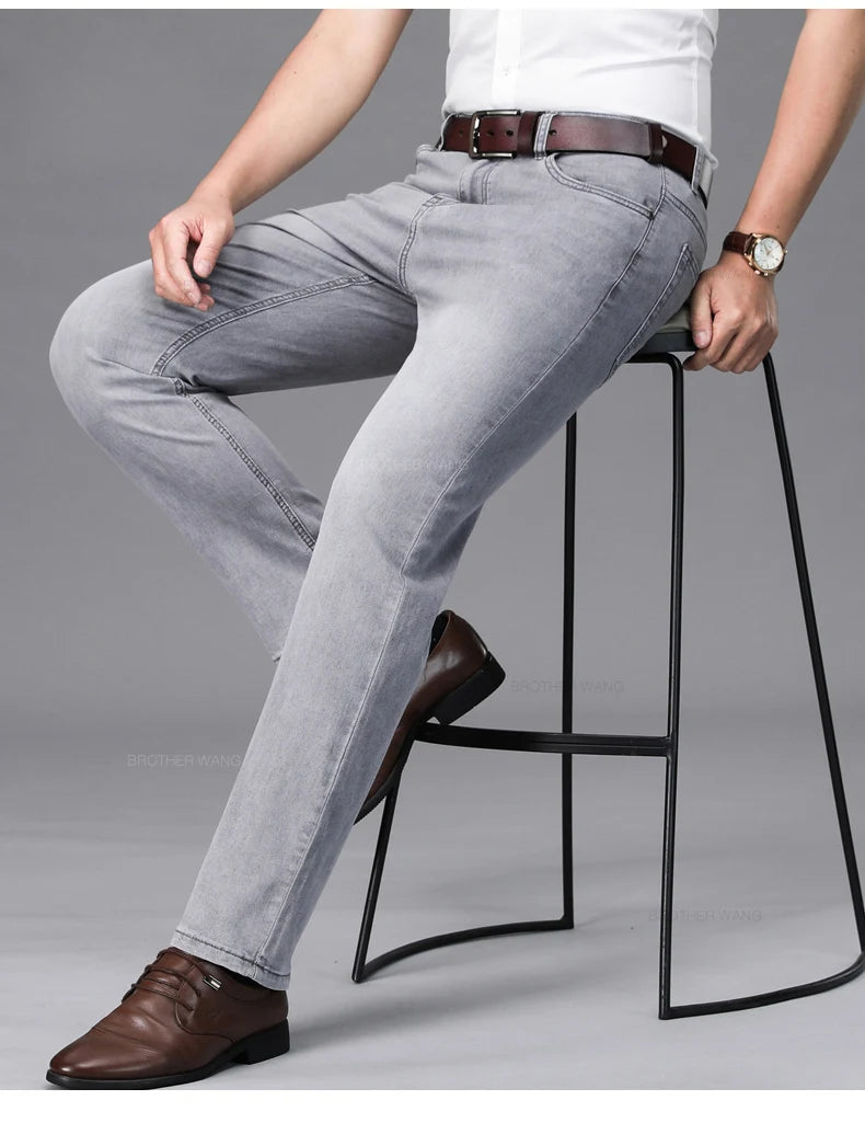 Brand Men's Fashion Summer Thin Jeans Comfortable Stretch Cotton Business Straight Casual Denim Pants Light Gray Blue Pants.