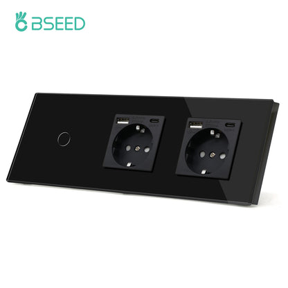 BSEED 1/2/3Gang Touch-Schalter 1-Wege-Lichtschalter mit EU-Steckdosen USB Typ-C-Steckdosen Glasscheibe Schwarz.