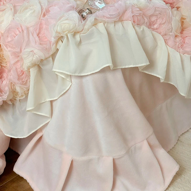 Three-Dimensional Rose Flowers Lace Ruffles Princess Wedding Bedding Set Warm Milk Velvet Duvet Cover Bed Sheet Pillowcases 4Pcs.