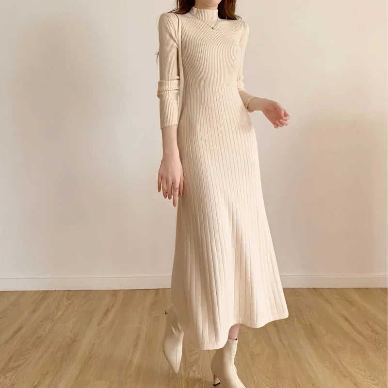 Herbst Winter schlankes Langarm Party Midi Kleid für Frauen gestrickt halbhohen Kragen elegante Strick pullover Kleider Damen.