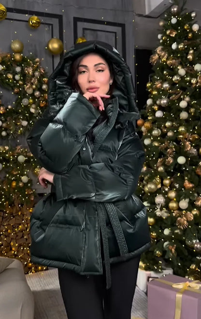 Frauen Glänzend Herbst Winter Mit Kapuze Baumwolle Gefütterte Jacke Lose Lange Hülse Spitze Up Warme Mantel 2025, Neue Dame Mode Party outwear