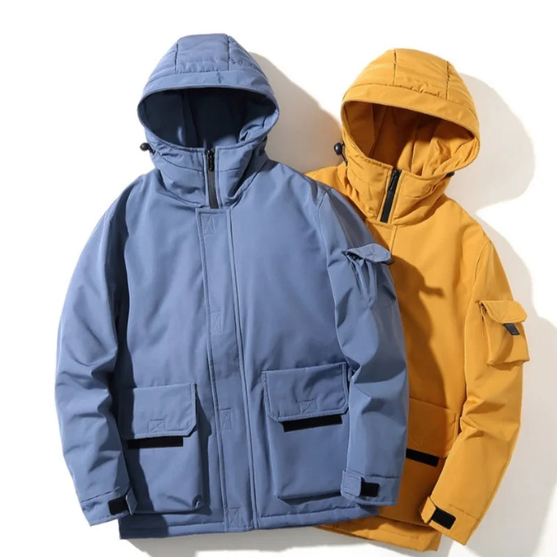 2025 new men's workwear down jacket, winter hooded warm jacket, multi pocket windproof down jacket, trendy down jacket.