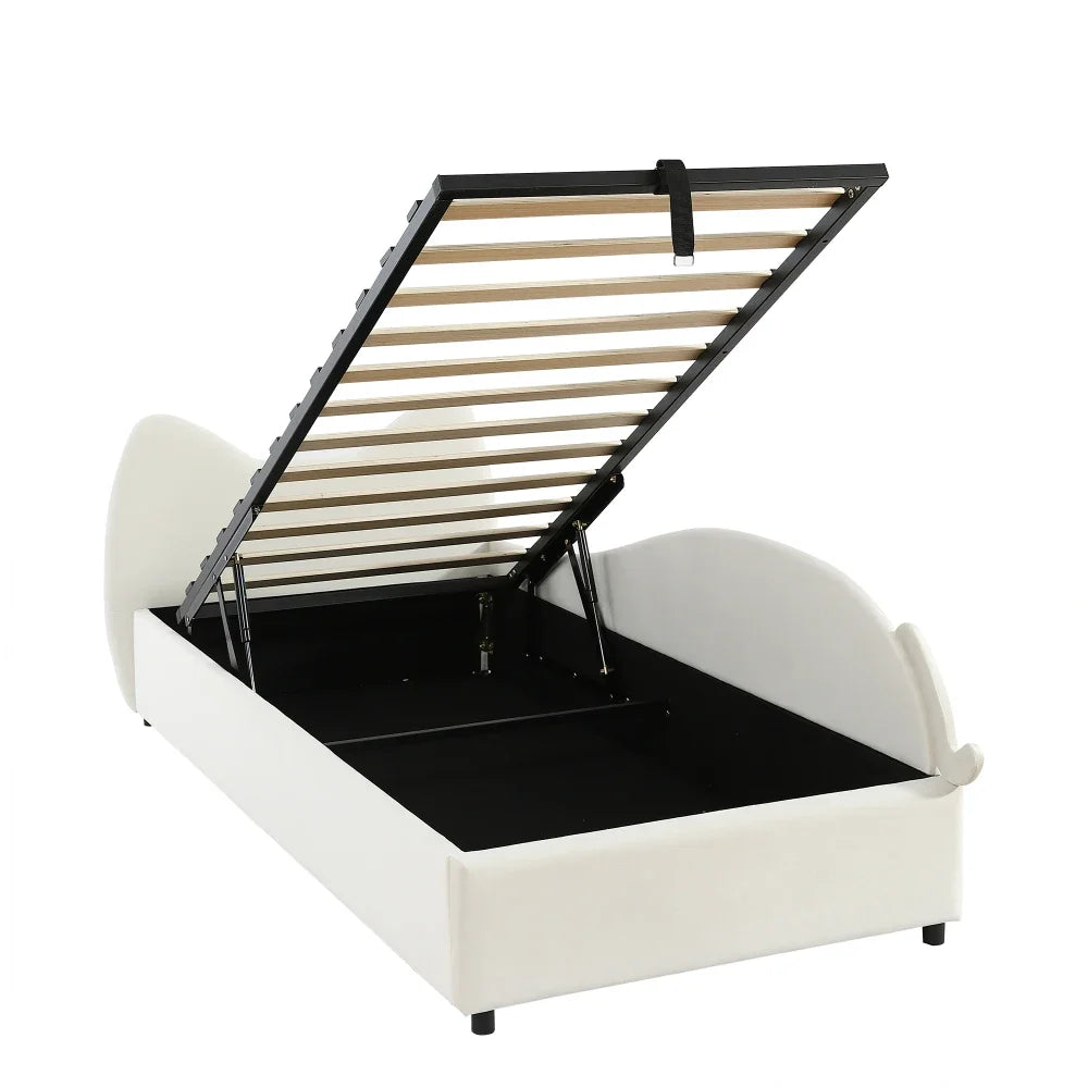 Polsterbett, Einzelbett, süßes Katzendesign, hydraulisches Bett mit Stauraum und Gürtelgriffen, stabiler Gitterrost, 90 x 200 cm