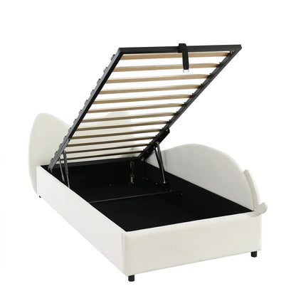 Polsterbett, Einzelbett, süßes Katzendesign, hydraulisches Bett mit Stauraum und Gürtelgriffen, stabiler Gitterrost, 90 x 200 cm