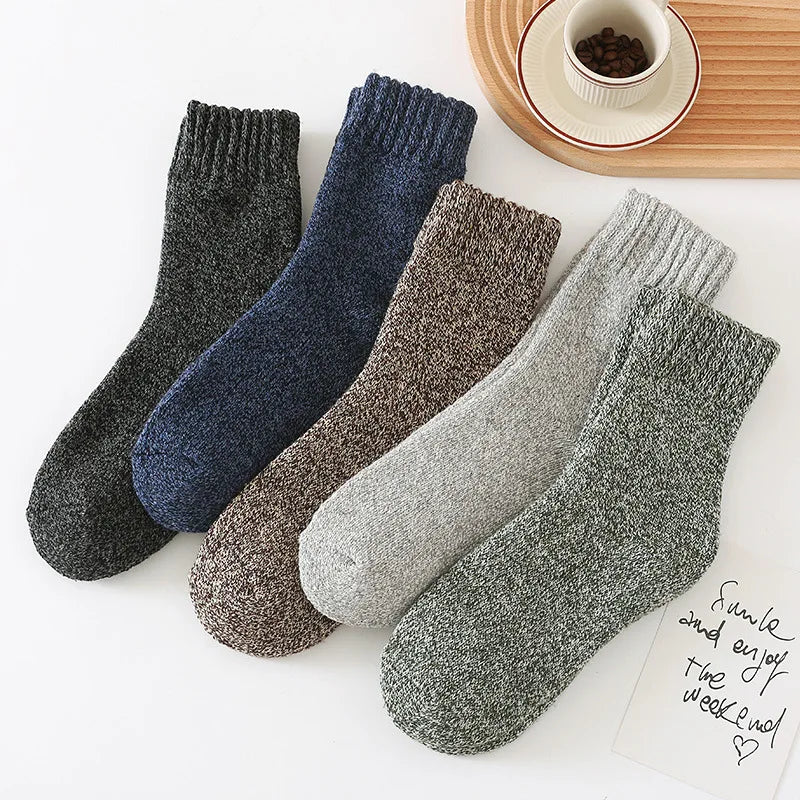 5 pairs of men's mid-calf thick winter fleece-lined thermal terry socks, blended cashmere solid color towel socks.
