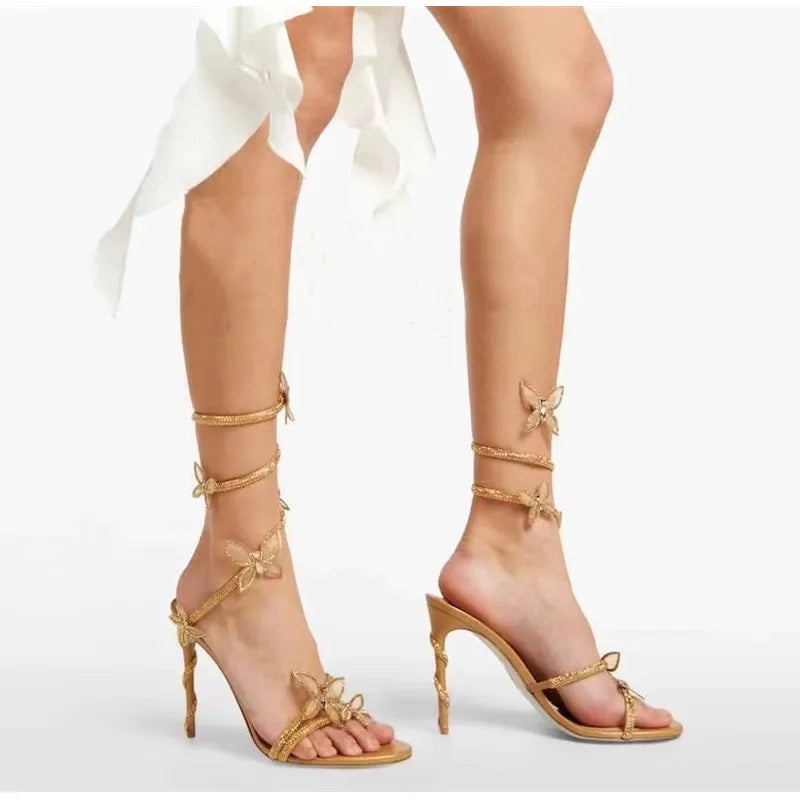 Luxury Crystal Embellished Butterfly Detail Women Sandals Sexy Coiled Strap Thin High heels Gladiator sandals Summer Party Shoes