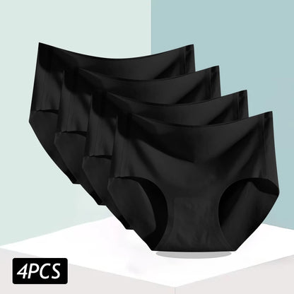 4PCS/Set Women's Ice Silk Seamless Panties Ultra Thin Briefs Breathable Underwear Female High Waist Intimates Lingerie Plus Size