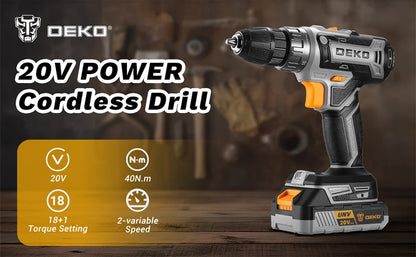 Die 20-V-Akku-Bohrmaschine von DEKO verfügt über zwei Wechselgeschwindigkeiten. 18+1 Drehmomentschraubendreher. 29-teiliges Bohrset mit 1,5-Ah-Akku und Ladegerät