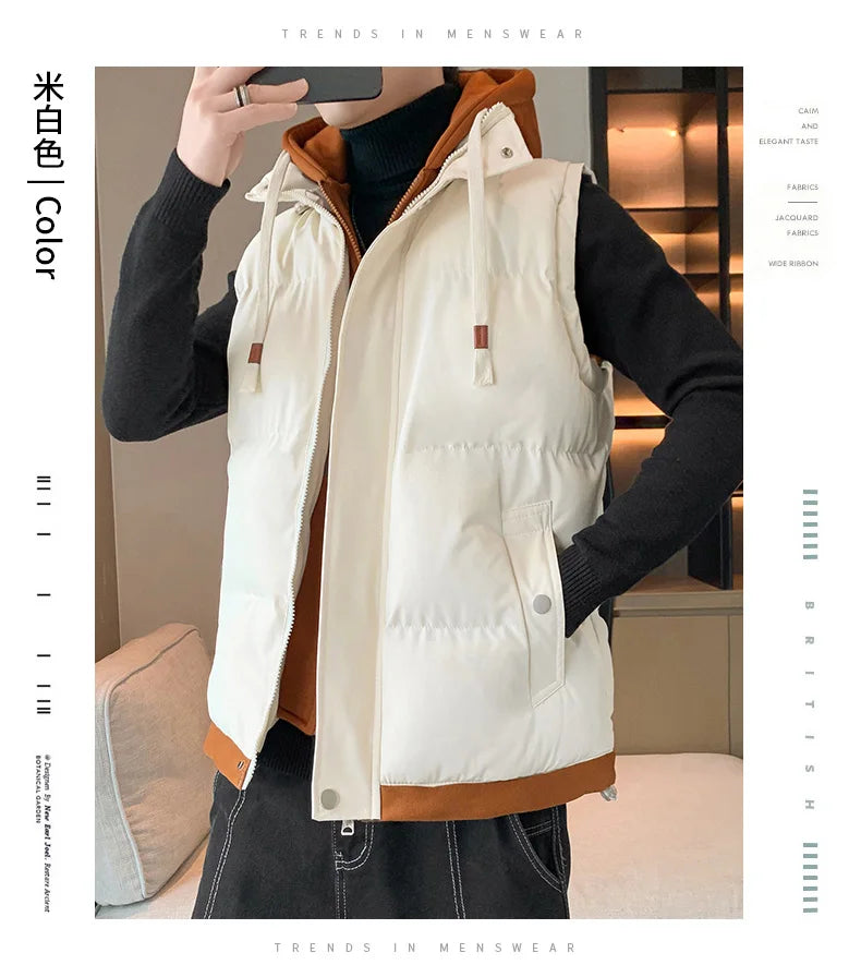 Men Windproof Hooded Vest Men Jacket Sleeveless Vest Winter Jacket Casual Coat Men Down Cotton Warm Thicken Waistcoat Thick Coat.