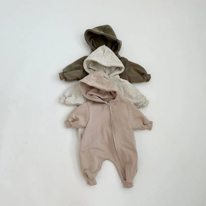 2024 Baby Kapuze Reiß verschluss Bodysuit Neugeborene Jungen und Mädchen Bergsteiger Anzug einfarbig Bodysuit Long Fit Sport Kletter anzug