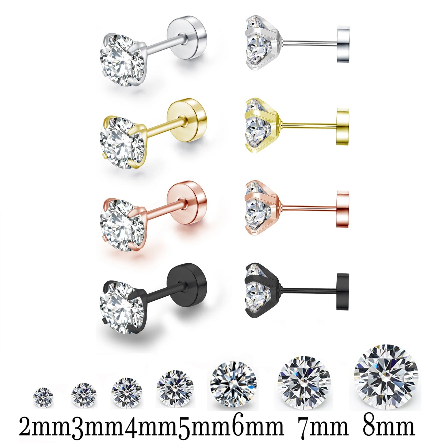 4 Color Top Stainless steel Unisex Women Men Round Crystal Zircon Ear Studs Earrings Piercings Fashion non-allergic Jewelry.