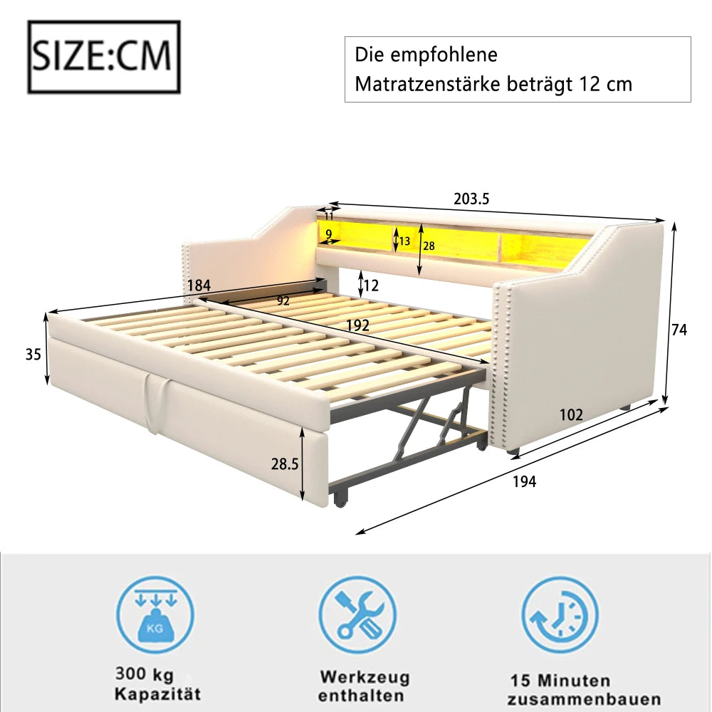 Ausziehbares Schlafsofa 90/180 x 190 cm, multifunktionales Aufbewahrungsfach, LED-Licht und USB-Buchse, mit Gitter, Dunkelgrau