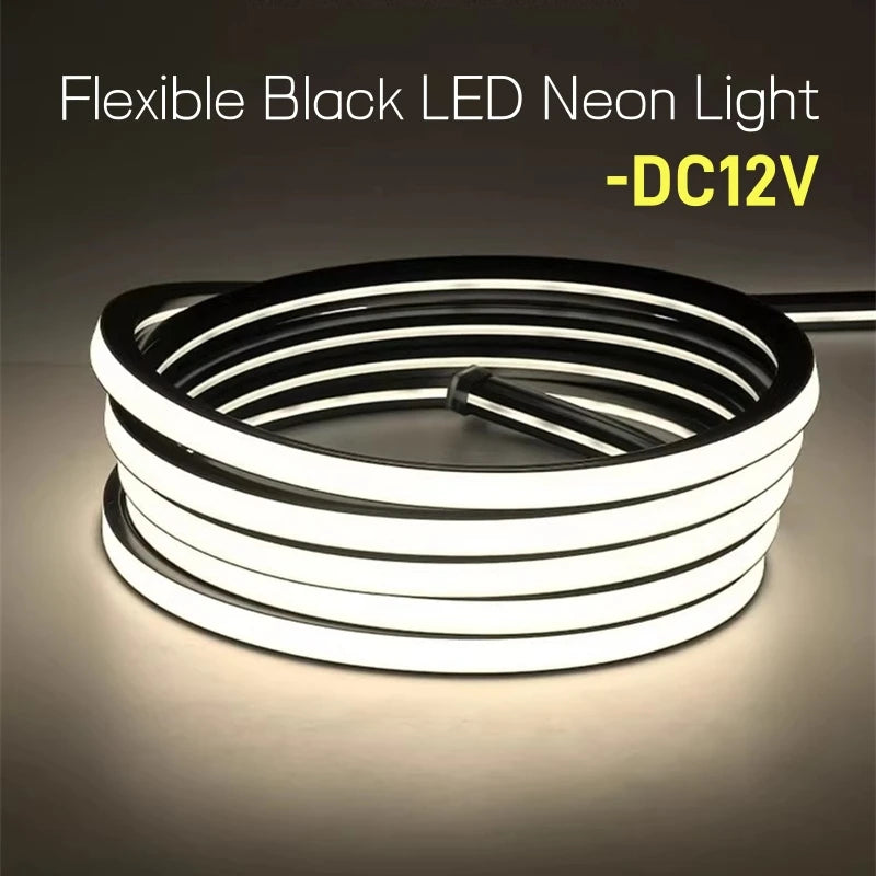 1-5m Black Silicone Tube LED Neon Light DC12V Flexible Recessed Diffuser Channel Waterproof Wall Ceiling Ribbon Rope Strip Light.