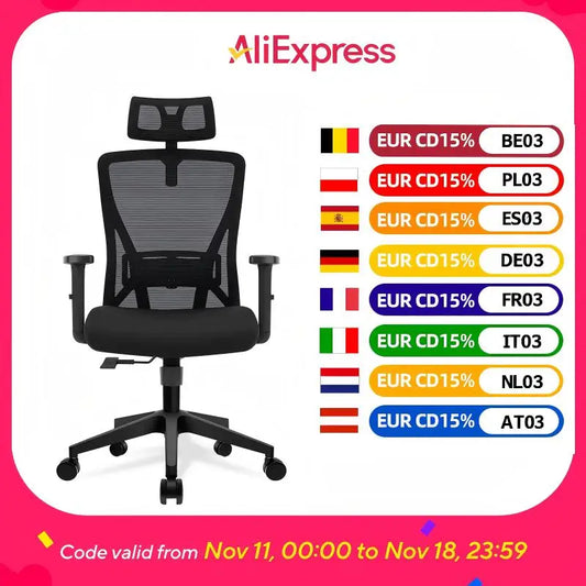 Durrafy Ergonomischer Bürostuhl, Bürostühle, Schreibtischstuhl mit verstellbarer Kopfstütze, Armlehnen, 150 kg Tragfähigkeit, Schwarz