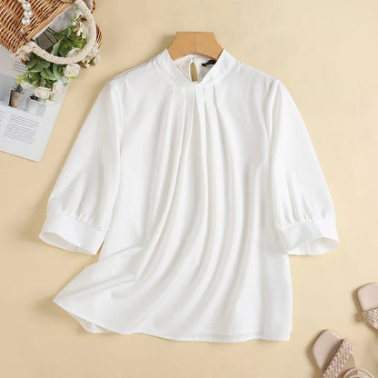 ZANZEA Fashion Stand Collar Blouse Woman 3/4 Sleeve Solid Color Tunic Tops Female Casual Loose Shirt Elegant Party Blusas Mujer.