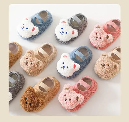 Warm Newborn First Walker for Boy Girl Cartoon Animal Bear Indoor Non-slip Floor Shoes Winter Fury Plush Floor Shoes