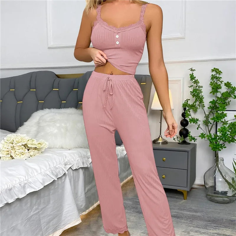 Zweiteiliges Pyjama-Set für Frühling und Sommer für Damen, Nachtwäsche, Spitzen-Hosenträger, Oberteile und lange Hosen, Pijamas, Loungewear.