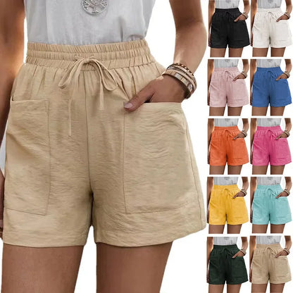 Women's High-waisted Loose-fit Solid Color Casual Shorts Pocket Bell Bottoms.