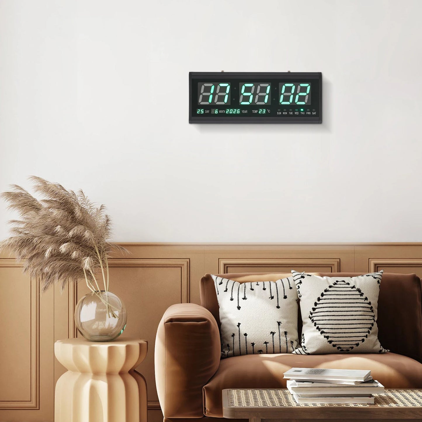 220 V große LED-Digital-Wanduhr, Zeit, Temperatur, Datum, Woche, Anzeige, automatischer Dimmer, leuchtende, leise Tischuhr, Wanduhr, 48 x 19 cm