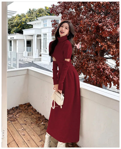 VigoAnne Spring Autumn 2025 Turtleneck Knit Woman 2 Piece Set Casual Solid High Waist Skirts Suits Korean Lady Long Dress Suit