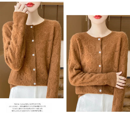 2024 Autumn And Winter New Round Neck Hollowed Out 100 Wool Knitted Cardigan Women's Versatile Coat Loose Casual Sweater DMR281