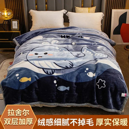 Modern Geometric Cartoon Printed Bedroom Blanket Coral Fleece Dormitory Quilt Thicking Double Layer Multi Purpose Bedding Sheets