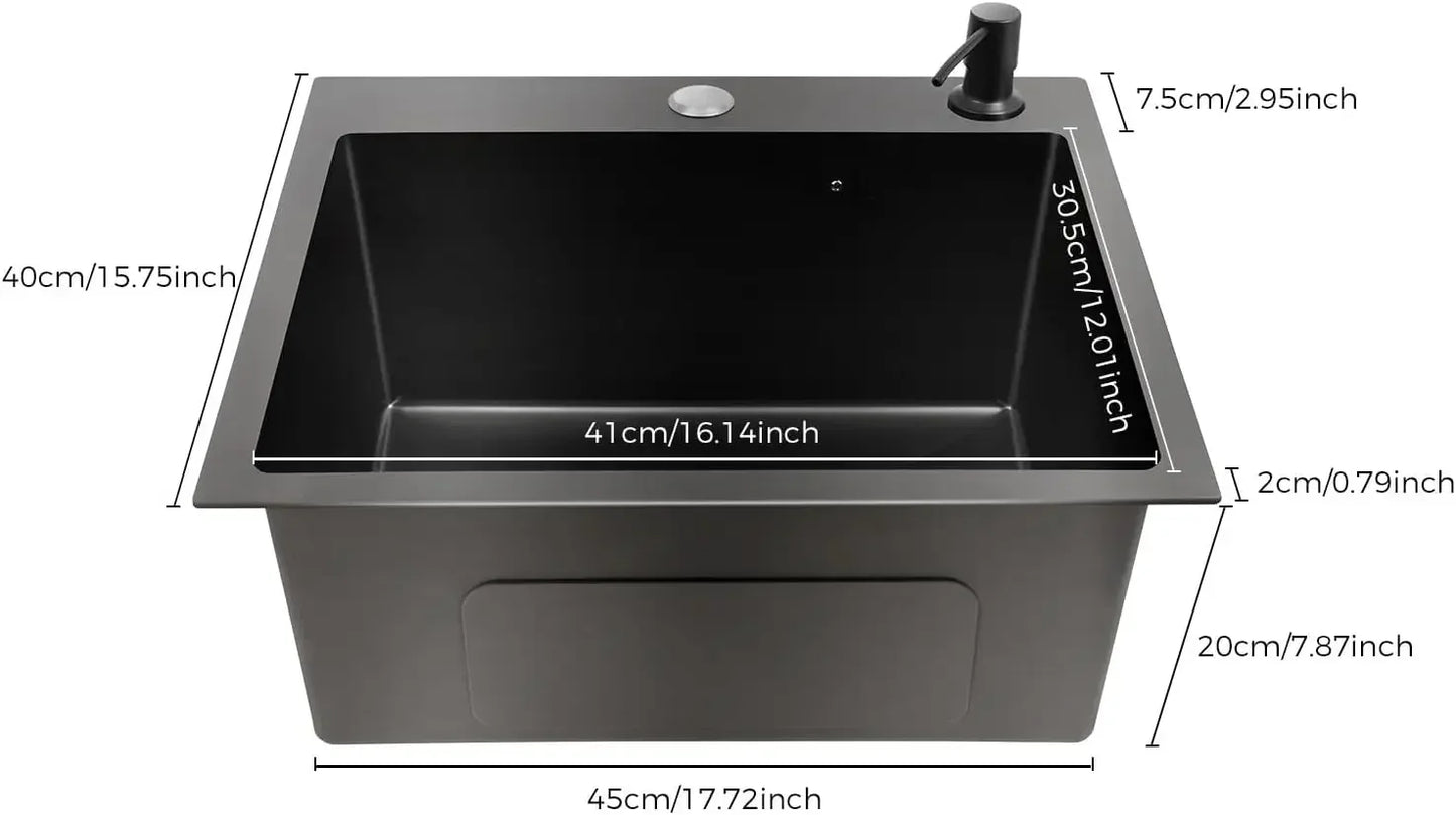 45 x 40 cm schwarzes Nano-Waschbecken, Einzelwaschbecken, kreatives Küchenspülen-Set aus Edelstahl, großes Fassungsvermögen, Wohnaccessoires