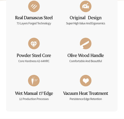 XINZUO 1-8pcs Kitchen Knife Set 73 Layers Custom Damascus Steel 15°±1 Per Side Steel Blade with Olive Wood Handle.