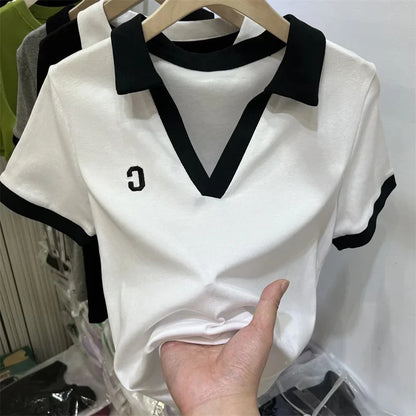 Summer Hot Sale Of The Season Women's Grey Short Sleeve Polo Neck T-Shirt Pure Cotton Slim Fit Base Shirt Trendy Top Quality Chi.