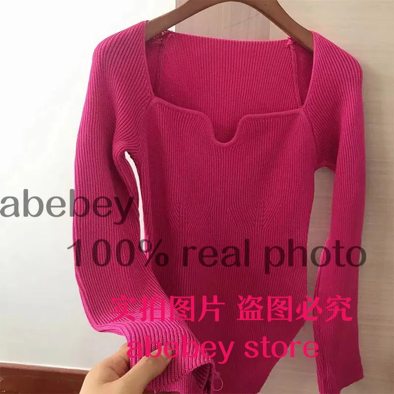 Quadrat Kragen Langarm Frau Pullover Gestrickte Pullover Frauen Frühling Herbst Pullover Winter Tops Für Frauen Schwarz Weiß Jumper