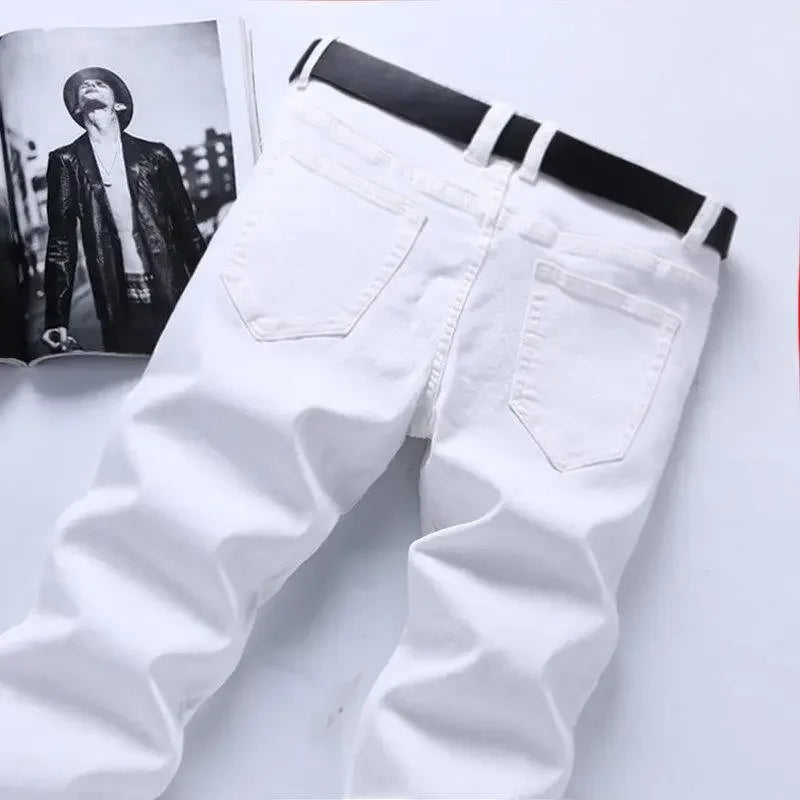 Pure White Jeans Men's Elastic Korean Style Slim Fit Youth Slimming Straight Leg Business Casual Middle Age High End Pants.